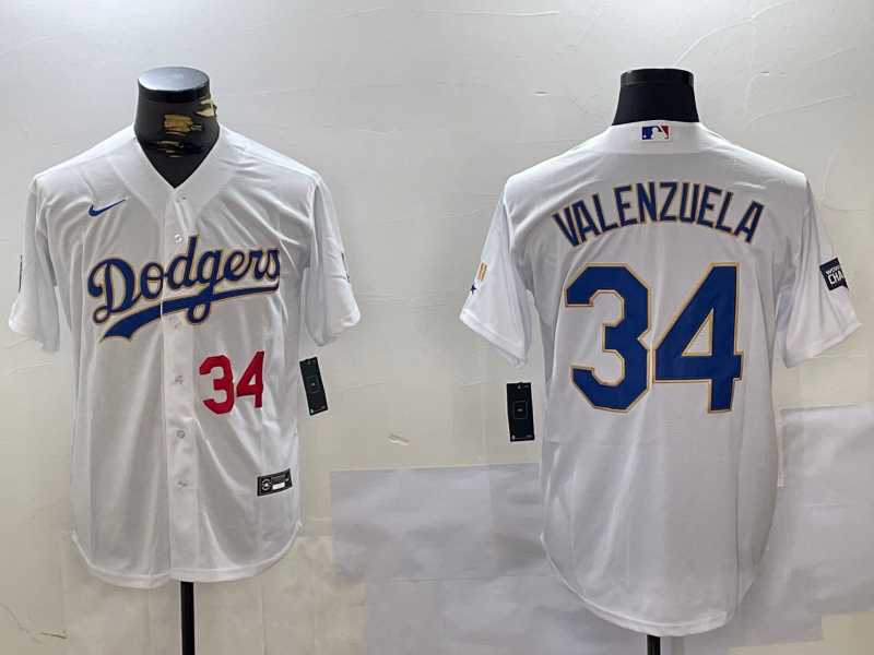 Men%27s Los Angeles Dodgers #34 Fernando Valenzuela Number White Gold Championship Stitched Cool Base Nike Jersey->los angeles dodgers->MLB Jersey